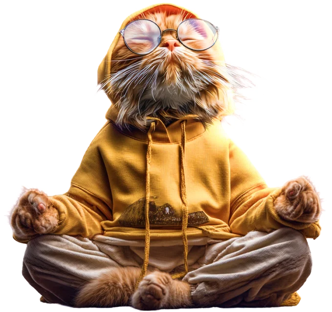 TICAT maszkot — meditáló macska kapucnis pulóverben